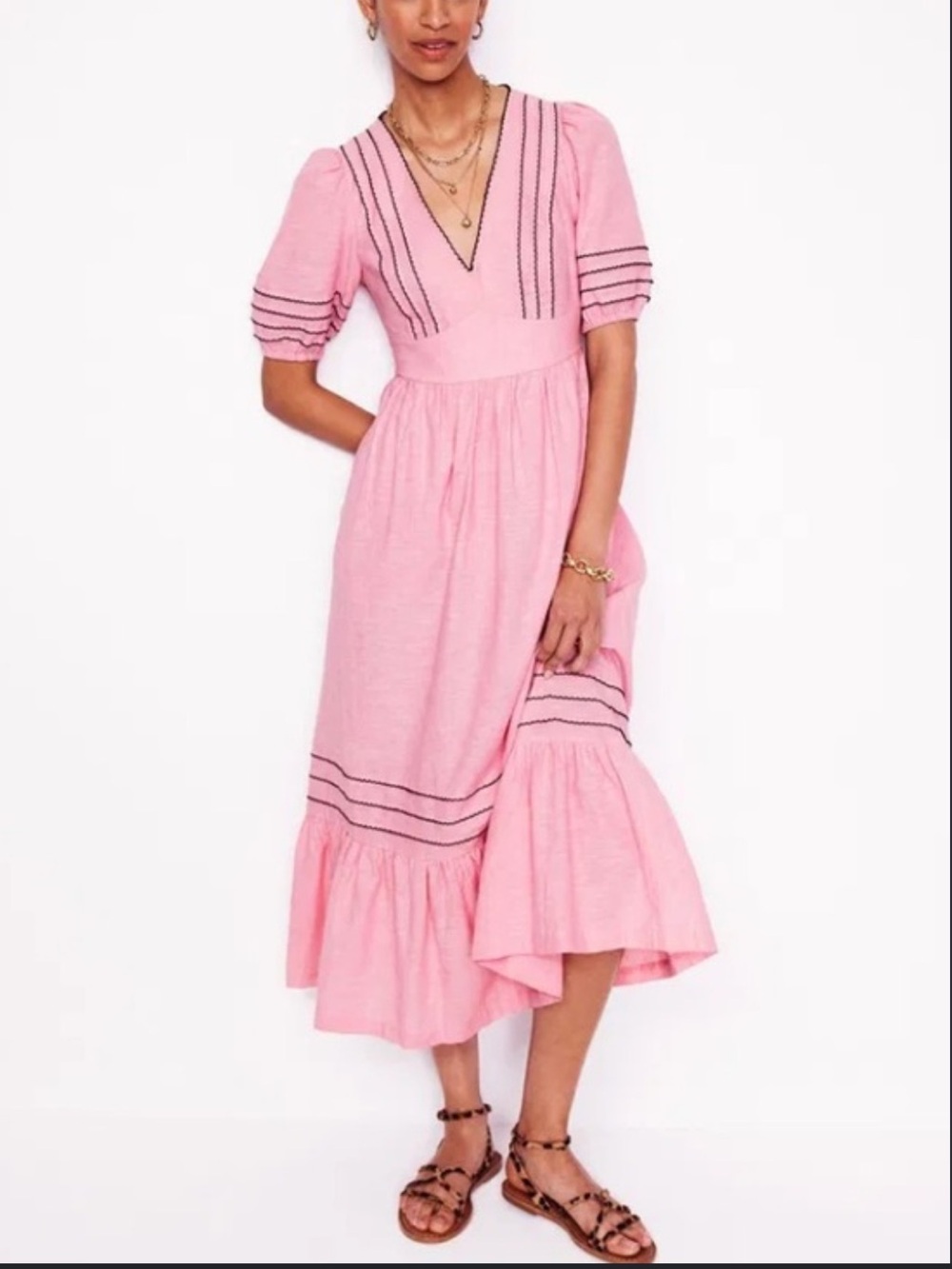 Boden Pink Tiered Linen Dress